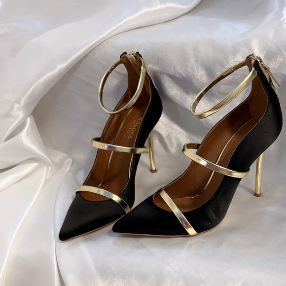 Malone Souliers Robyn 100 Black Satin Ankle Strap Pumps - Picture 2 of 15